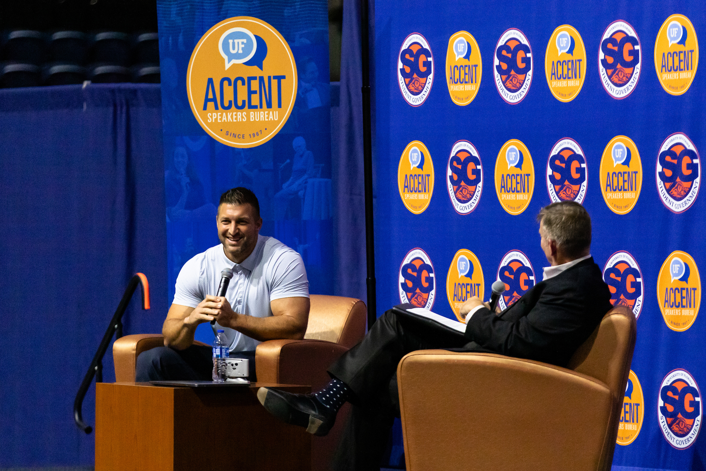 UF Alumni Tim Tebow speaks at an Accent Speakers Series event in 2024.